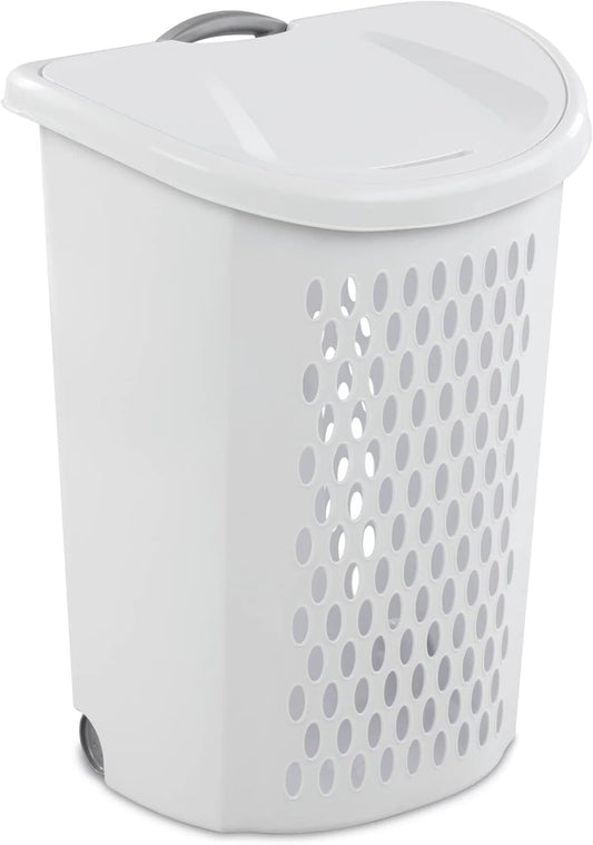 Ultra Wheeled Design Clothes Laundry Basket, Mind Reader Basket Collection,135 Liter (20 1/8" x 15 3/8" x 26 3/4")Capacity, Laundry Hamper White Lid & Base w/Plastic Handle & Wheels, 1-Pac